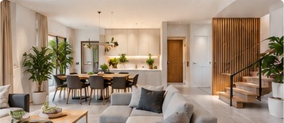 Salón y cocina reformados con acabados en madera